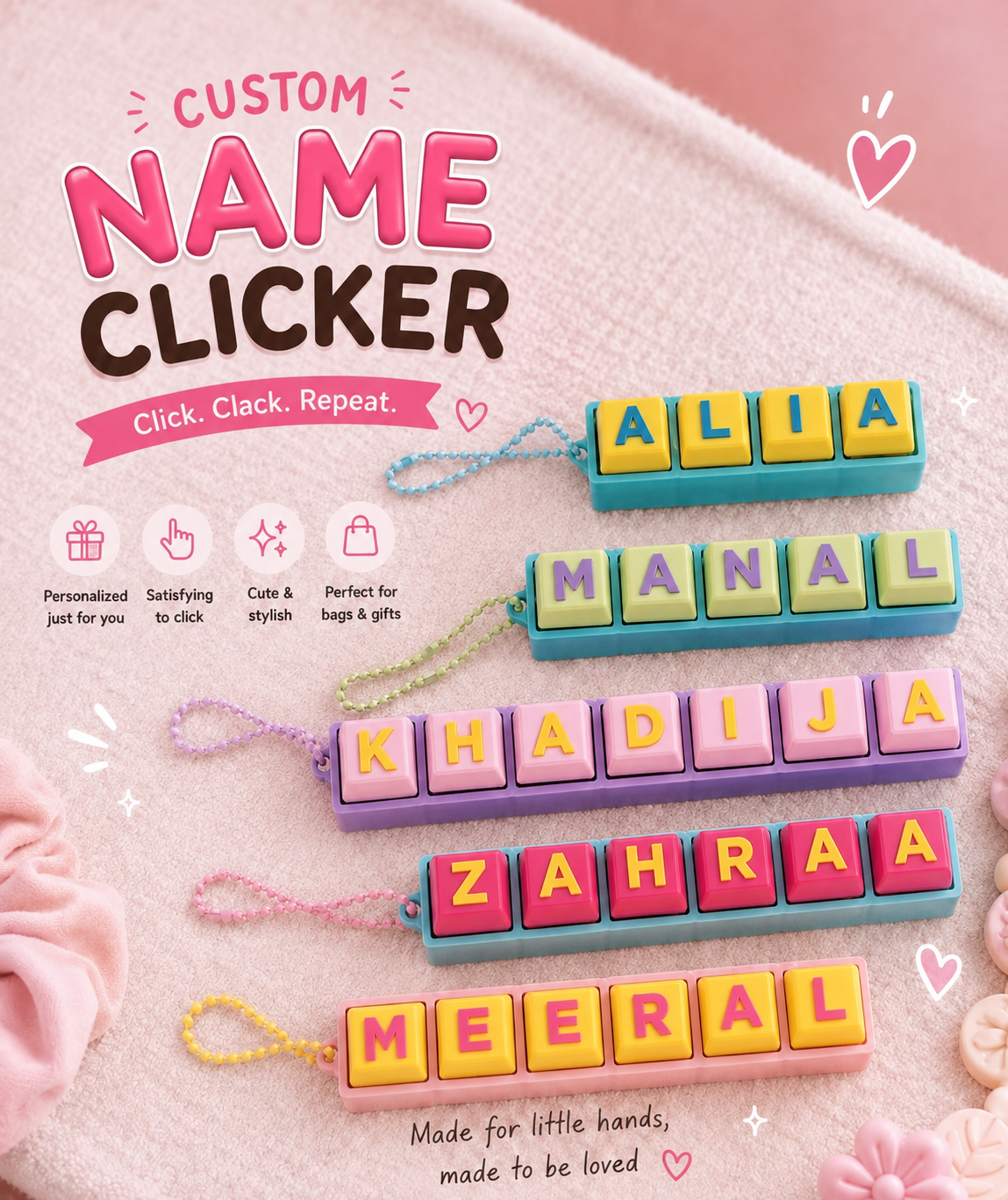 Colourful custom name clicker keychains
