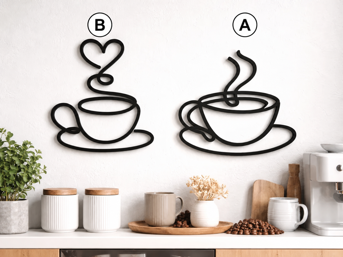 Minimalist Coffee Wall Art design guide showing Design A and Design B