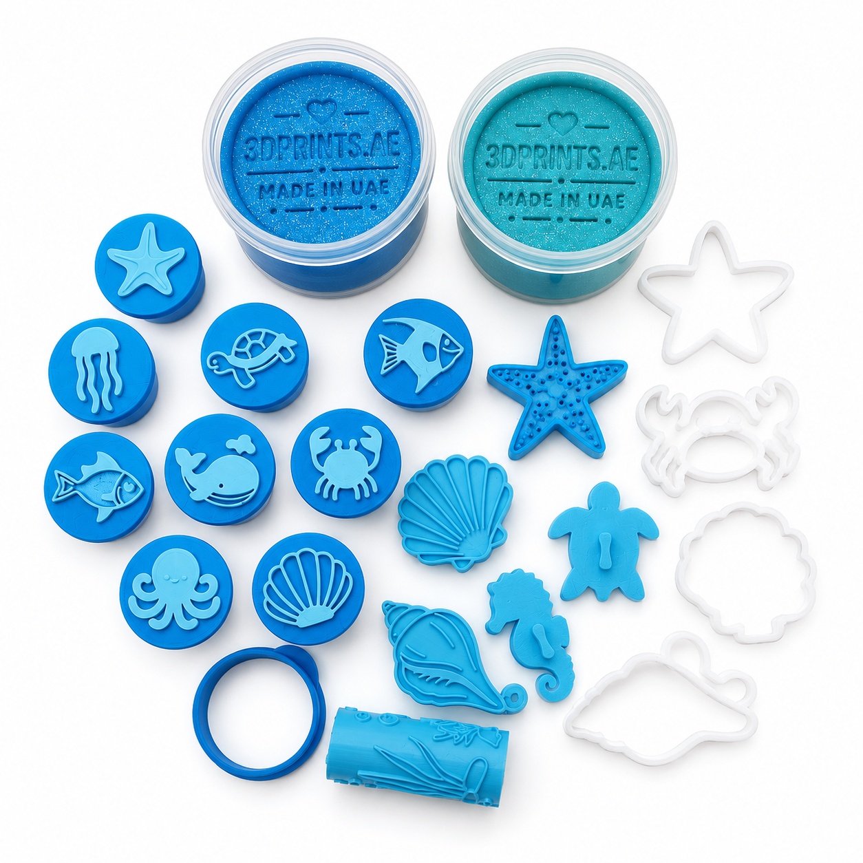 Ocean-themed playdough set with two colors, stamps, cutters and roller