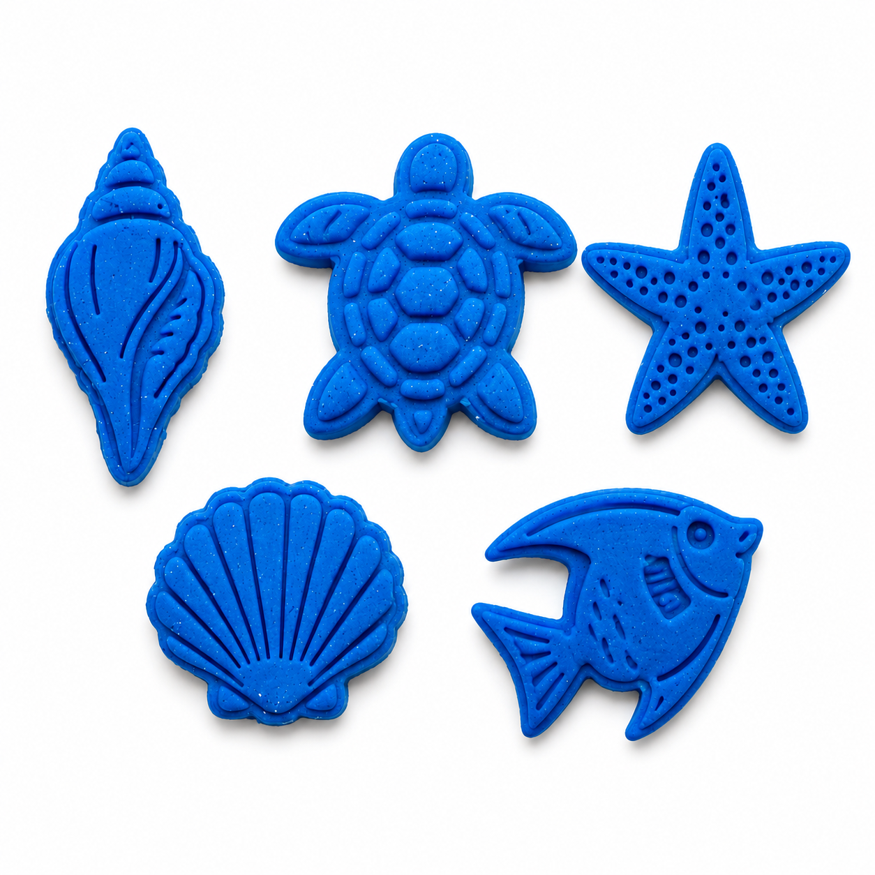 Ocean playdough cutouts including shell, turtle, starfish and fish