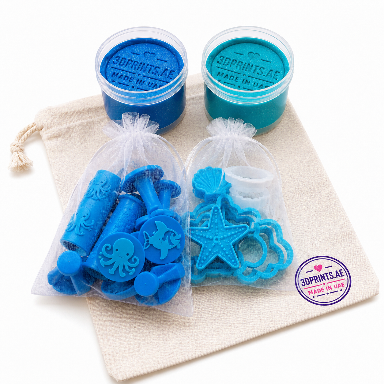 Ocean playdough kit with two tubs, stamps, cutters, roller and storage bag