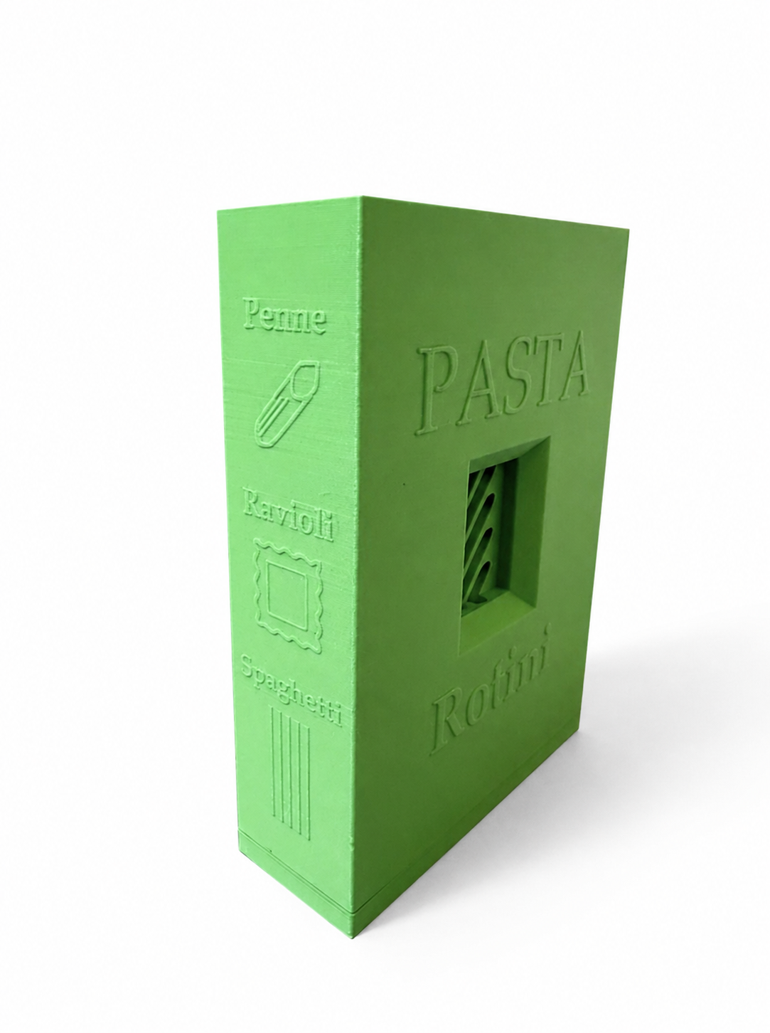 Side view of the green toy pasta dispenser