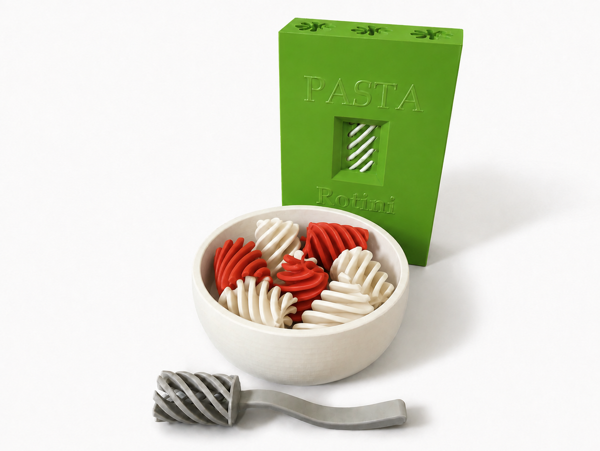 Green Pasta Pretend Play Set with white bowl, red and white spiral pasta and grey fork