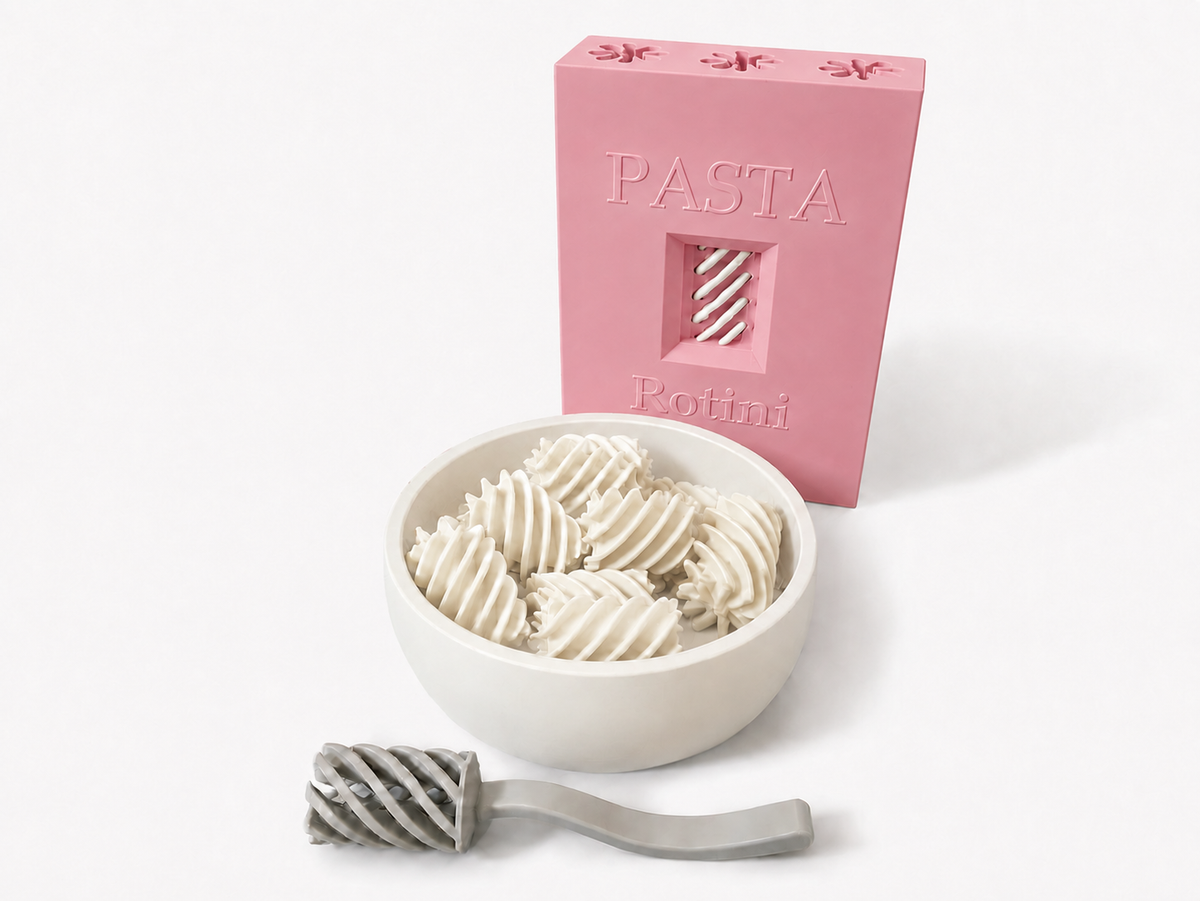 Light Pink Pasta Pretend Play Set with white bowl, white spiral pasta and grey fork