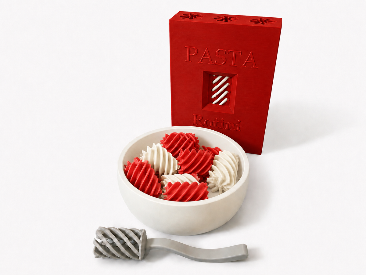 Red Pasta Pretend Play Set with white bowl, red and white spiral pasta and grey fork
