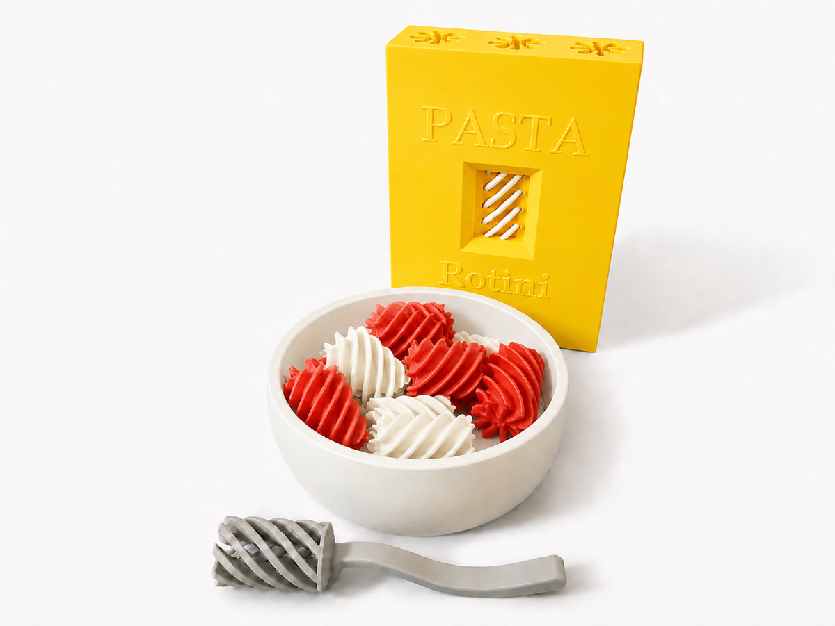 Yellow Pasta Pretend Play Set with white bowl, red and white spiral pasta and grey fork