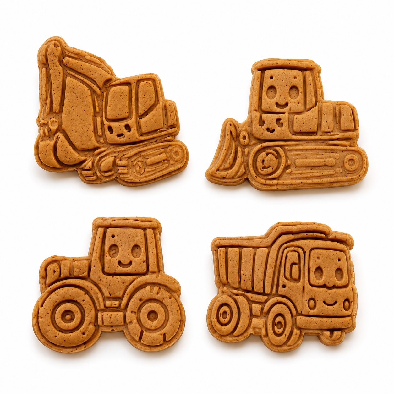 Vehicle-shaped playdough cutouts including construction vehicles