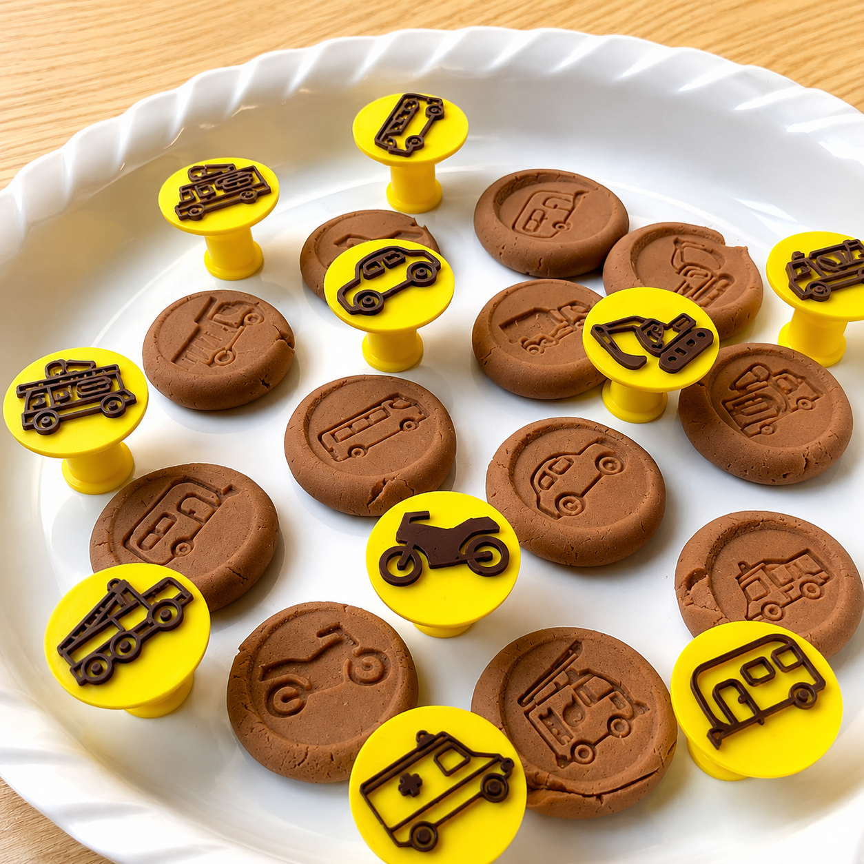 Vehicle stamps and their impressions in playdough