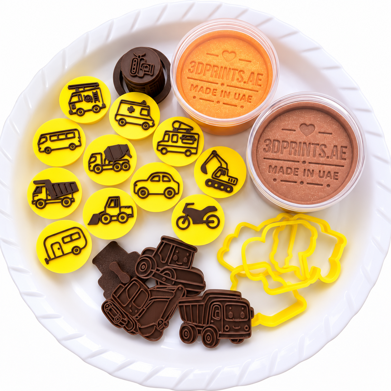 Vehicle-themed playdough kit with stamps, cutters, roller and two playdough tubs