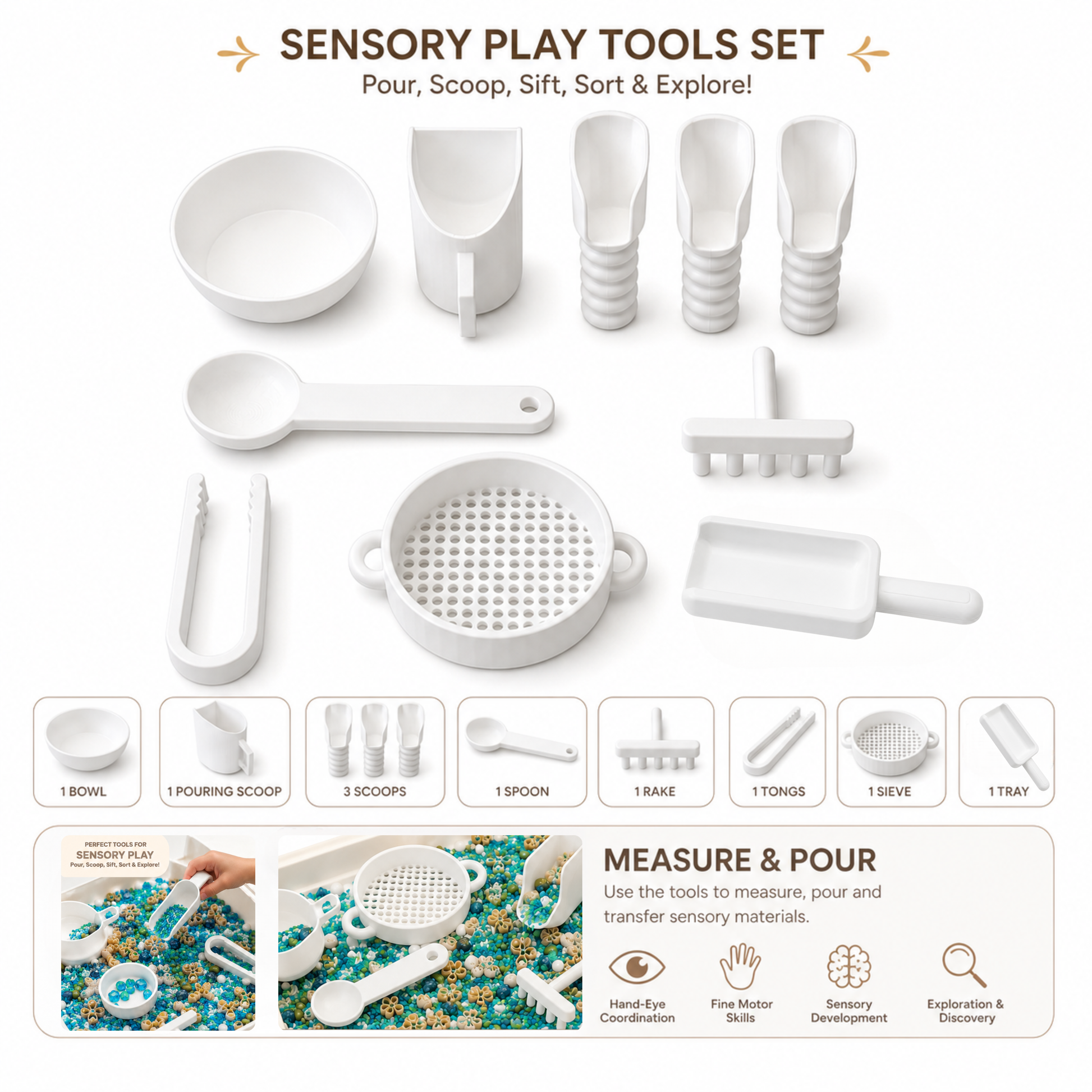 10-piece sensory play tools set with bowl, pouring scoop, scoops, spoon, rake, tongs, sieve and tray