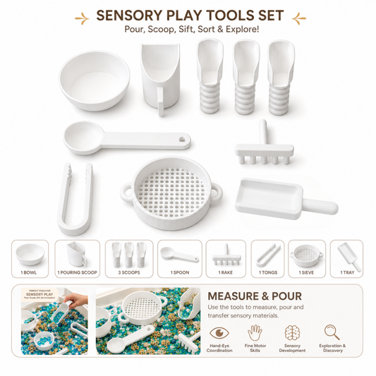 10-piece sensory play tools set with bowl, pouring scoop, scoops, spoon, rake, tongs, sieve and tray