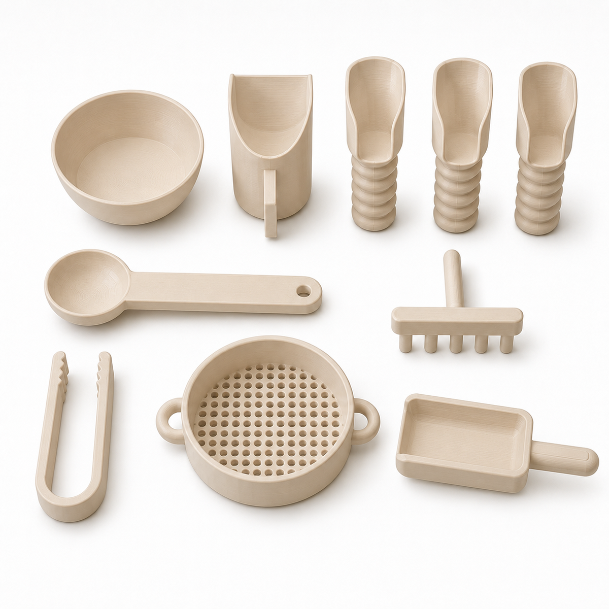 10-piece sensory play tools set in beige