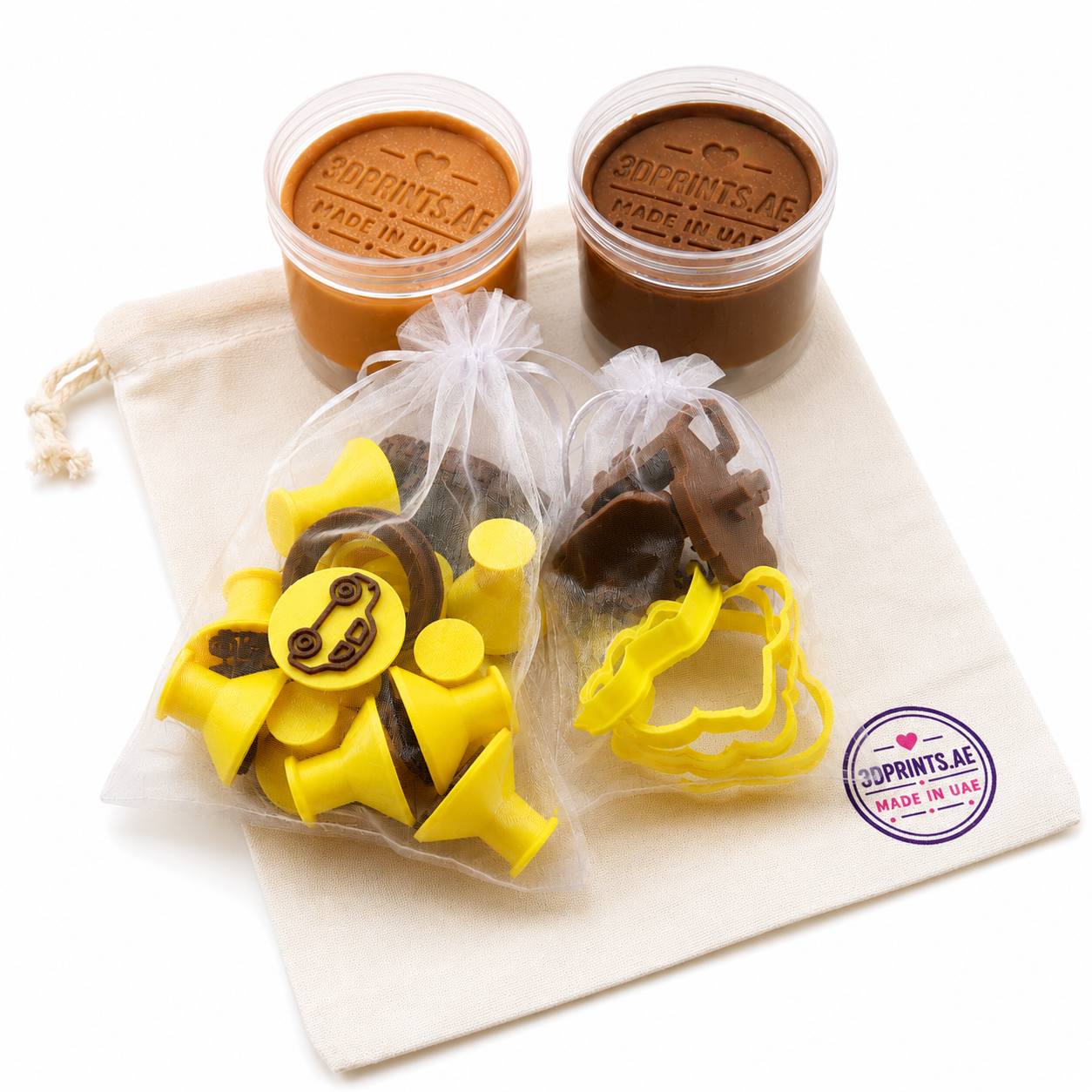 Vehicle playdough kit with two playdough tubs, stamps, cutters and storage bag