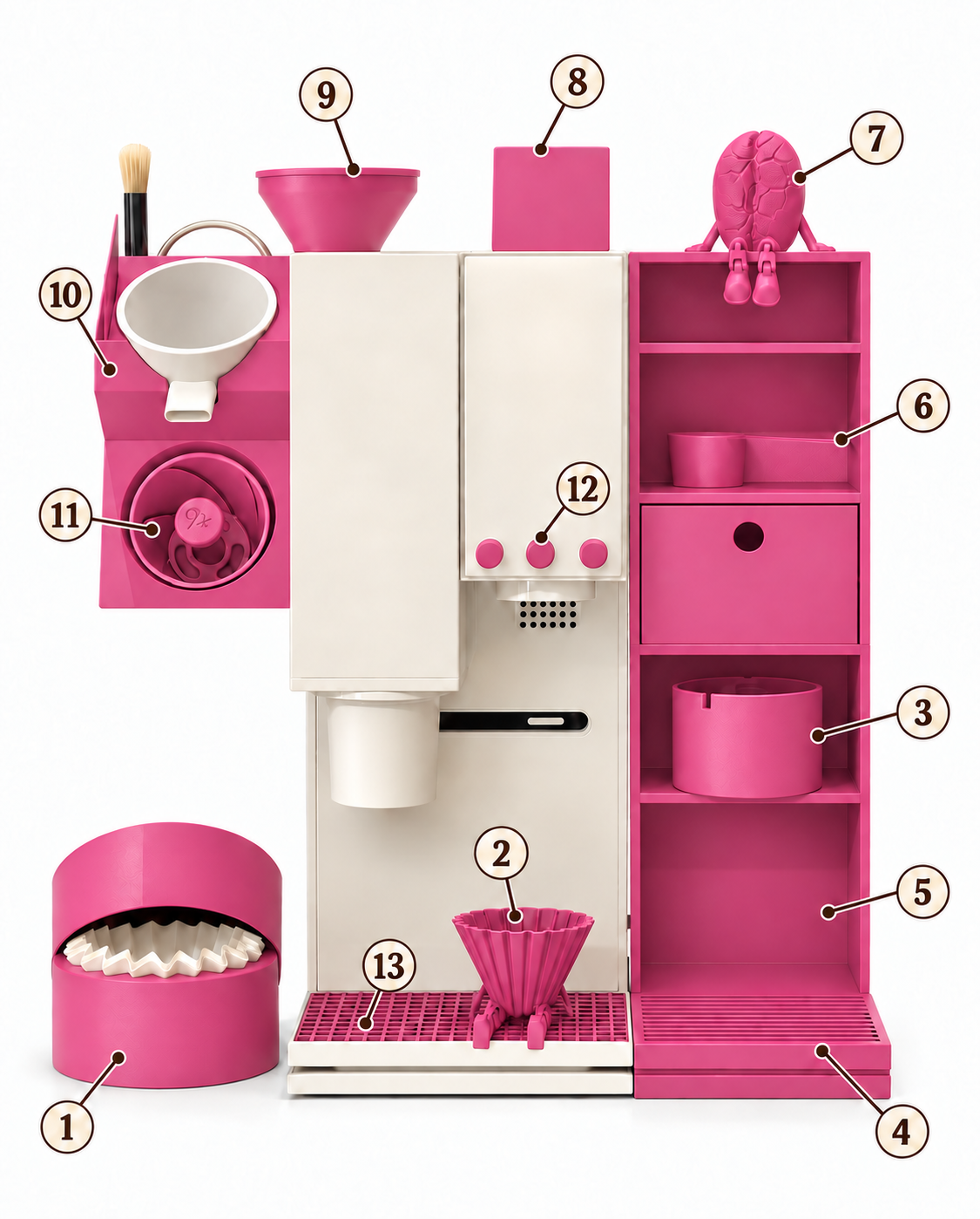 xBloom Accessory Organizer Style 2 in raspberry pink with numbered parts