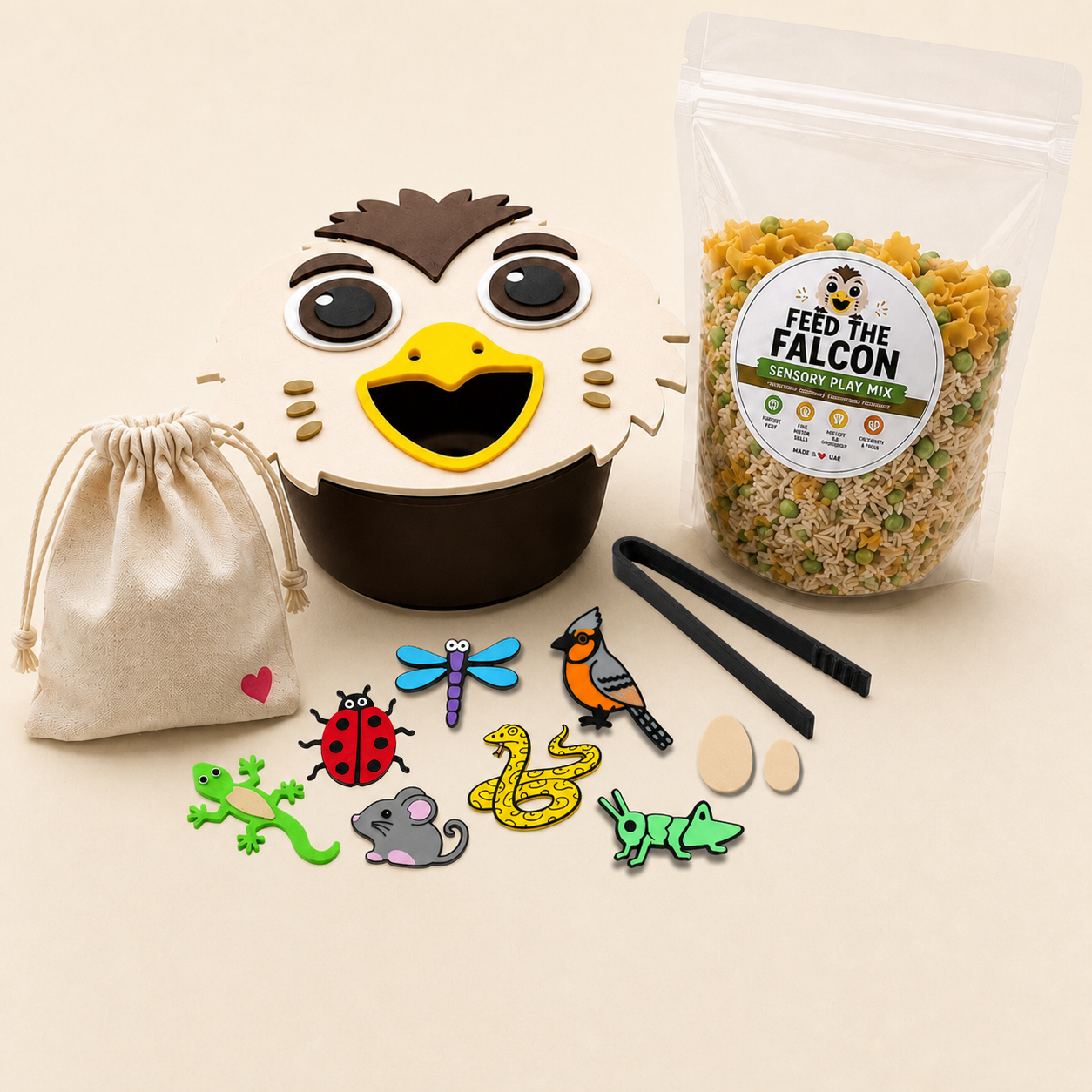 Feed the Falcon sensory kit with falcon box, sensory mix, bag, creatures and tweezers