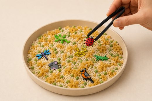 Child finding small pieces in sensory play